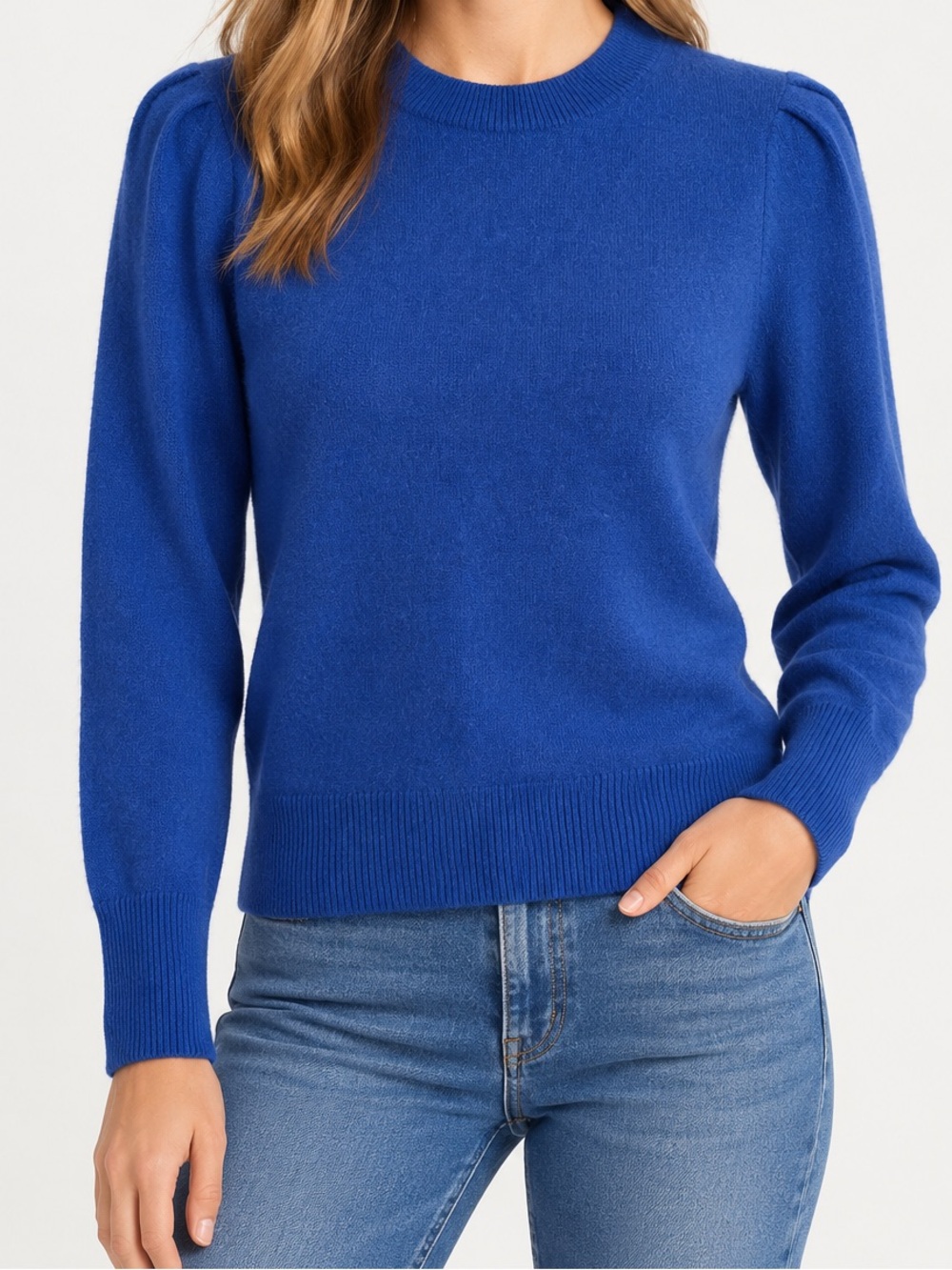NWT White + Warren 100% Cashmere Sweater Blue Puff Shoulder Size S NEW WITH TAGS